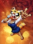 2020 3:4 4_toes absurd_res aggretsuko ailurid anthro barefoot bottomwear clothing electronics feet female fur glowing glowing_eyes hi_res japanese_text lupiarts mammal markings microphone musical_note open_mouth pencil_skirt red_panda retsuko sanrio screaming skirt solo striped_markings striped_tail stripes tail tail_markings text toes tongue tongue_out translated white_eyes