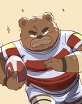 anthro black_nose bottomwear brown_body brown_fur clothing fur kemono male overweight overweight_male rugby rugby_ball rugby_uniform shirt shorts simple_background solo topwear ma5ka4nai kumalino sanrio roast_(kumalino) bear mammal 2024 hi_res