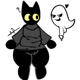 anthro black_body black_fur bodily_fluids breasts clothed clothing duo erection female fur genital_fluids genitals simple_background smile potetos33 google google_doodle magic_cat_academy momo_(google) domestic_cat felid feline felis ghost humanoid mammal spirit 1:1 digital_media_(artwork) hi_res