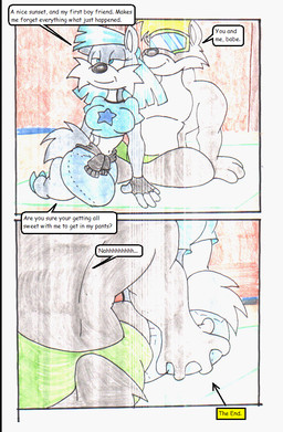 anthro beach blonde_hair blue_clothing blue_hair blue_shirt blue_topwear clothing duo female hair male outside shirt sitting speech_bubble text topwear virus-20 wendy_wolf_(virus-20) canid canine canis mammal wolf 2011 comic traditional_media_(artwork)