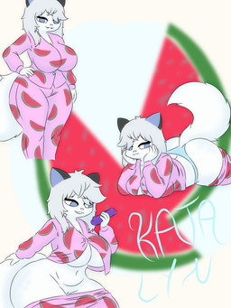 anthro big_breasts big_butt breasts butt clothed clothing dildo female food fruit genitals looking_at_viewer melon pajamas panties partially_clothed plant sex_toy solo thick_thighs underwear vulva watermelon watermelon_print watermelon_slice white_body kaicitoelmapache katalyn_(kaicitoelmapache) domestic_cat felid feline felis mammal 3:4 absurd_res hi_res