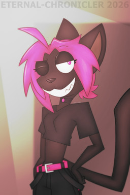 ahoge anthro black_body black_fur bondage_pants bottomwear choker clothing female fur hair jewelry necklace pants pink_eyes pink_hair solo eternal-chronicler nekromystikos chel_(nekromystikos) domestic_cat felid feline felis mammal hi_res