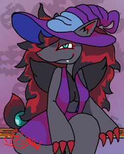 anthro black_hair_tip blue_eyes clothing female fur grey_body grey_fur hair hat headgear headwear looking_at_viewer red_hair red_inner_ear solo witch_hat umbralxquizo nintendo pokemon generation_5_pokemon humanoid pokemon_(species) zoroark digital_drawing_(artwork) digital_media_(artwork)