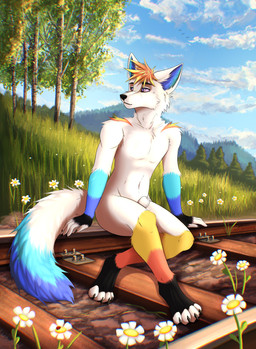 animal_genitalia anthro flower fluffy fluffy_tail forest_background forets genitals male nude plant purple_eyes railway_track sheath sitting solo tail arssyarts canid canine fox mammal absurd_res hi_res