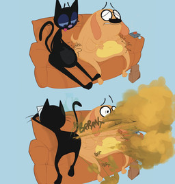 anthro black_body black_fur black_nose black_tail blue_background brown_fart_cloud duo eyewear fart fart_cloud fart_fetish female floating_eyebrows fur furniture glasses male on_sofa onomatopoeia orange_body orange_fur pink_nose rumbling_stomach simple_background sitting sitting_on_sofa sofa sound_effects tail text whiskers unknown_artist fetch!_with_ruff_ruffman pbs blossom_(fetch_with_ruff_ruffman) ruff_ruffman canid canine canis domestic_cat domestic_dog felid feline felis mammal 2024 digital_media_(artwork) hi_res