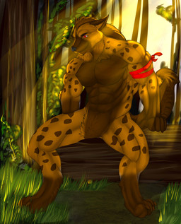 3_toes 5_fingers abs anthro biped black_nose brown_body brown_fur claws detailed_background featureless_crotch feet fingers forest fur grass grin hair leaf light log male muscular muscular_anthro muscular_male pecs plant red_eyes ribbons sitting smile solo spots sunlight tan_body tan_fur toe_claws toes tree wood marsel-defender hyena mammal spotted_hyena 2014 absurd_res hi_res