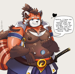 anthro armband armpit_showing arms_tied asian_clothing belly belly_rub belt big_belly big_navel black_eyes black_heart_symbol blue_cloth blue_clothing blue_clothing_white_clothing blue_eyes bodily_fluids bound brown_belly brown_belt brown_body brown_chest brown_ears brown_fur brown_hair brown_moobs brown_navel brown_nipples brown_ponytail brown_tail clothing continuation custodian_(aeon_flux) deep_navel dialogue dialogue_box east_asian_clothing eyebrows fur giant_tail gold_(metal) gold_belt gold_jewelry grin hair head_on_belly head_on_navel japanese_clothing jewelry looking_pleasured machine machine_inside_navel machine_penetrating machine_sex male melee_weapon mind_break mind_control mind_controlled moan navel navel_fetish navel_pendant navel_penetration navel_piercing navel_poke navel_possession navel_seal nipples orange_arms orange_body orange_fur orange_hair orange_head orange_tail penetration piercing pleasure_effects ponytail possession restricted saliva samurai samurai_sword satisfaction satisfied satisfied_look smile solo speech_bubble storytelling surprised sword sword_on_waist tail teeth teeth_showing text tied_hair to_be_continued tongue tongue_out touching_nipple waist_accessory waist_belt warrior weapon white_cheeks white_chest_hair white_clothing white_ears white_eyebrows white_eyes white_hair ladykraken dreamworks tamacolle the_wild_robot suruga_(tamacolle) vontra_(the_wild_robot) ailurid humanoid mammal red_panda robot robot_humanoid 2025 absurd_res english_description english_text half-length_portrait hi_res portrait story story_in_description