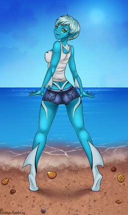 anthro beach biped blue_body blue_hair blue_skin bottomwear clothing detailed_background female green_eyes hair outside sand sea seaside shell shirt shorts sky smile solo standing sun tank_top topwear water eliana-asato 2014 3:5 hi_res