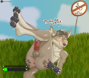 animal_genitalia animal_penis anthro anus balls butt canine_genitalia canine_penis erection genitals knot legs_up lying male penis penis_tuck plantigrade shy smile solo spread_butt spreading text flat_triangles epic_games fortnite wendell_(fortnite) canid canine canis mammal wolf english_text hi_res