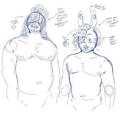 accessory anthro buckteeth clothed clothing dreadlocks duo ear_piercing eyebrows flesh_tunnel floppy_ears fur gauged_ear hair hair_accessory hair_over_eye hair_over_eyes hair_ring male male_anthro messy_hair piercing simple_background smile teeth text topless topless_anthro topless_male visibly_trans p_rindustries anton_(p_rindustries) wynn_(p_rindustries) canid canine canis domestic_dog herding_dog lagomorph leporid mammal pastoral_dog rabbit sheepdog 1:1 2022 english_text guide_lines hi_res sketch trans_(lore) trans_man_(lore)