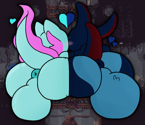 anthro anus balls big_balls big_butt blue_body blush blush_lines butt duo frill_(anatomy) genitals gynomorph gynomorph/gynomorph heart_symbol huge_balls hyper hyper_balls hyper_genitalia intersex intersex/intersex presenting_balls puffy_anus raised_tail tail apollysabyss rain_world videocult inv_(rain_world) rivulet_(rain_world) slugcat 2025 nonbinary_(lore) trans_(lore) trans_woman_(lore)