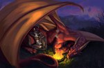 ambiguous_gender anthro blue_eyes bra campfire canid canine canis clothing detailed_background digital_media_(artwork) digital_painting_(artwork) dragon duo eyes_closed female feral fire humanoid kaislair knight mammal melee_weapon mountain mythological_creature mythological_scalie mythology night niruen_(blackinkwolf) outside panties raining scalie sleeping spread_legs spreading sword underwear wallpaper warrior weapon wet wings wolf yuki_(blackinkwolf)