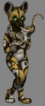 anthro biped breasts casual_nudity claws duo female feral fur green_eyes grey_background looking_at_viewer multicolored_body multicolored_fur nude simple_background slightly_chubby smile spots tongue tongue_out werella african_wild_dog canid canine mammal reptile scalie snake