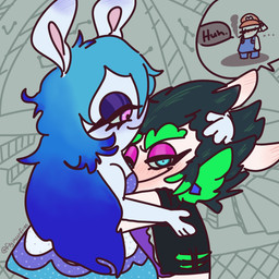 4_fingers anthro bangs bent_arm black_clothing black_facial_hair black_hair black_jacket black_mustache black_topwear blue_blush blue_clothing blue_eyelids blue_eyes blue_hair blue_overalls blush blush_lines cigarette cigarette_in_mouth cigarette_smoke closed_smile clothed clothed_anthro clothed_female clothed_male clothing dialogue dot_eyes dress ear_blush ear_piercing ellipsis eyebrows eyelashes facial_hair female female/female female_anthro fingers fur green_eyebrows green_hair group hair half-closed_eyes hugging_partner inside jacket light long_hair looking_at_another looking_at_partner love male male_anthro mouth_closed multicolored_hair mustache narrowed_eyes no_eyebrows noseless object_in_mouth offscreen_character offscreen_male open_clothing open_jacket open_topwear overalls piercing purple_clothing purple_dress purple_ear_piercing purple_eyelids sad shirtless_anthro shirtless_male short_hair simple_eyes smile smiling_at_another smiling_at_partner smiling_at_viewer smoke smug_grin speech_bubble spiky_hair stairs standing tan_inner_ear text thick_eyebrows topwear trio two_tone_hair white_body white_fur flyinurfries mario_bros mario_plus_rabbids_kingdom_battle mario_plus_rabbids_sparks_of_hope nintendo raving_rabbids rayman_(series) ubisoft edge_(mario_plus_rabbids) midnite_(mario_plus_rabbids) rabbid_mario ghost hybrid lagomorph mammal rabbid spirit 1:1 2022 artist_name colored crossover digital_drawing_(artwork) digital_media_(artwork) english_description hi_res lighting