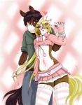 accessory alternative_fashion anthro blonde_hair blush bottomwear charm_(jewelry) clothed clothing crossdressing duo equid equine femboy hair hair_accessory hairclip hand_holding hand_in_hair heart_accessory heart_clip heart_print heart_symbol horse interlocked_fingers j-fashion kemono kimi_(kimito) legwear lucah male male/male mammal midriff navel pattern_clothing pattern_legwear pony print_accessory romantic romantic_couple simple_background skirt stockings striped_clothing striped_legwear stripes tail touching_hair