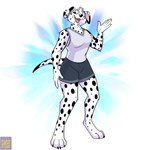 anthro black_nose bottomwear breasts clothed clothing female fur markings open_mouth shirt shorts solo spots spotted_body spotted_fur tail tank_top topwear white_body white_fur foxenawolf canid canine canis dalmatian domestic_dog mammal 1:1 adversarial_noise