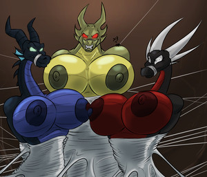 ambiguous_gender anthro areola big_breasts black_body black_scales blue_body blue_scales bound breasts crossgender female feral glowing glowing_eyes green_body green_scales group horn huge_breasts mtf_crossgender multicolored_body multicolored_scales nipples non-mammal_breasts non-mammal_nipples red_body red_eyes red_scales scales spider_web submissive submissive_anthro submissive_female teeth two_tone_body two_tone_scales ventral_scales shinysteel activision disney jackie_chan_adventures mythology sleeping_beauty_(1959) spyro_the_dragon cynder maleficent shendu arachnid arthropod dragon mythological_creature mythological_scalie scalie spider 2019 crossover digital_media_(artwork)