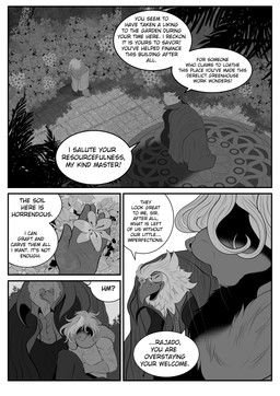 anthro clothing coat dialogue duo eyewear flower garden glasses greenhouse male mosaic nature palm_tree plant round_glasses scar shirt speech_bubble text topwear tree vivarium whiskers viola_bat avian hare lagomorph leporid mammal absurd_res comic english_text hi_res monochrome