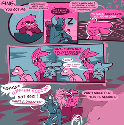 angry anthro armor blep cart dialogue female male running sad sarcasm sitting sleeping speech_bubble text tongue tongue_out vanilla_candy unicorn_blood_(comic) bean_(vanilla_candy) briar_(vanilla_candy) saffron_(unicorn_blood) tulip_(unicorn_blood) arthropod bovid caprine insect lagomorph lepidopteran mammal moth reptile scalie sheep snake absurd_res comic english_text hi_res restricted_palette