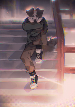 anthro biped black_body black_eyes black_fur bottomwear brown_bottomwear brown_clothing brown_pants clothing floppy_ears fur green_clothing green_hoodie green_topwear hoodie male pants sitting_on_stairs slim_anthro slim_male solo topwear white_body white_fur hemuchang shin_(hemuchang) canid canine canis domestic_dog mammal 2022 hi_res