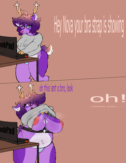 3_fingers anthro antlers big_breasts big_butt blue_clothing blue_panties blue_underwear bondage_gear bra_strap breasts butt clothed clothing exposed_breasts female fingers flashing flashing_breasts harness heart_nipples hooves horn multicolored_eyes nipples panties purple_body raised_clothing raised_shirt raised_sweater raised_topwear shirt short_tail slightly_chubby solo sweater tail text thick_thighs topwear underwear beatrix_(artist) bra_strap_showing_(meme) linux thinkpad nova_(bathtubfulloftoast) deer mammal comic_sans hi_res meme