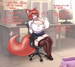 absolute_territory belly big_breasts big_butt big_tail breasts butt cleavage clothed clothing dessert dialogue doughnut eating eyes_closed female food hair heart_symbol huge_breasts huge_tail huge_thighs office pastry red_hair sitting slightly_chubby slightly_chubby_female slightly_chubby_humanoid smile solo squish stuffing tail text thick_thighs thigh_squish wardrobe_malfunction weight_gain mochifoxxo renee_(requinn) animal_humanoid canid canid_humanoid canine canine_humanoid fox_humanoid humanoid mammal mammal_humanoid hi_res