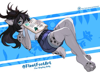 4_toes 5_fingers anthro antlers biped black_hair blue_eyes bottomwear breasts clothed clothed_anthro clothed_female clothing countershade_fur countershade_torso countershading feet female fingers fully_clothed fully_clothed_anthro fully_clothed_female fur grey_body grey_fur grey_tail hair horn inner_ear_fluff legwear looking_at_viewer lying markings on_back solo spots spotted_body spotted_fur spotted_markings spotted_tail tail tail_markings text thigh_highs toes topwear tuft fleet-foot deer mammal 2025 digital_drawing_(artwork) digital_media_(artwork) english_text