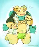 anthro asian_clothing belly blush bulge clothing east_asian_clothing fundoshi hoodie japanese_clothing male navel overweight overweight_anthro overweight_male scarf solo topwear underwear snow_utamaru lifewonders tokyo_afterschool_summoners cu_sith_(tas) canid canine canis domestic_dog mammal 2017 hi_res