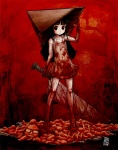 alternate_species apron black_hair blood bodily_fluids clothing cosplay crossgender entrails female gore great_knife_(silent_hill) hair horror_(theme) humanized knife long_hair messy moe not_furry red_background simple_background solo weapon young sachsen konami silent_hill pyramid_head human mammal 2008 grandfathered_content red_theme