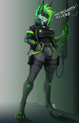 abs anthro belt big_breasts big_bulge breasts bulge claws clothed clothing cybernetics cyberpunk cyberpunk_clothes detailed_bulge fangs glowing glowing_clothing glowing_eyes grin gynomorph hacking hand_in_pocket intersex jacket latex latex_clothing leotard looking_at_viewer machine netrunners paws pockets pouch_(clothing) sabertooth_(anatomy) smile solo streetwear techwear teeth text topwear alibiwolf conditional_dnp vex_(alibiwolf) canid canine canis hybrid jackal mammal hi_res