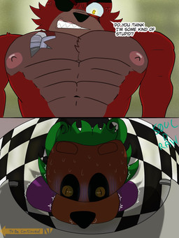 abs angry anthro clothing duo freddy_mask_(fnaf) fur green_body green_fur high-angle_view low-angle_view machine male male/male nipples purple_clothing red_body red_fur speech_bubble text yellow_eyes soul_d_raws five_nights_at_freddy's five_nights_at_freddy's_2 scottgames foxy_(fnaf) freddy_(fnaf) souldi withered_foxy_(fnaf) animatronic canid canine felid fox ghost lion mammal pantherine robot spirit 2025 3:4 comic digital_drawing_(artwork) digital_media_(artwork) english_text hi_res