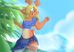 anthro antlers bikini bikini_skirt bikini_top blue_clothing blue_eyes blue_sky blue_topwear brown_body brown_fur buckteeth clothing cloud female fist freckles fur hair horn navel one_eye_closed open_mouth palm_tree plant red_nose sarong sky solo splash swimwear teeth topwear tree two-piece_swimsuit water wet wet_body wet_clothing wet_hair bingbingo_(artist) deltarune undertale_(series) noelle_holiday deer mammal absurd_res hi_res signature