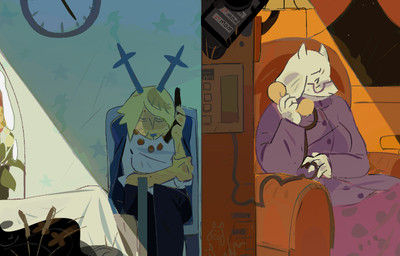 anthro antlers blue_antlers blue_nose clock clothed clothed_anthro clothed_female clothing duo electronics eyes_closed eyewear female glasses holding_arm horn landline_phone looking_aside missed_call night phone phone_call robe sitting snowgrave text wall_clock wearing_glasses worried worried_look nikoco deltarune undertale_(series) carol_holiday chairiel toriel boss_monster_(undertale) deer mammal 2026 digital_media_(artwork) english_description english_text