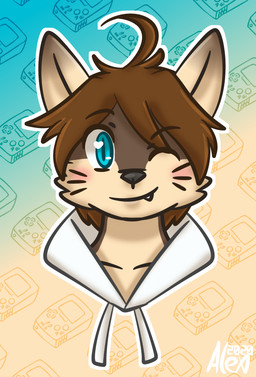ahoge anthro blue_eyes blush brown_body brown_fur brown_hair clothing cute_fangs fangs fur gradient_background hair male one_eye_closed pattern_background simple_background solo tan_body tan_fur teeth whiskers white_clothing wink young young_male alex-p morenatsu shun_kodori canid canine canis mammal wolf 2020 headshot_portrait portrait