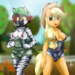 anthro anthrofied blonde_hair bodily_fluids breasts clothing cowboy_hat duo female green_eyes grey_body grey_stripes hair hat headgear headwear nipples open_mouth orange_body overalls pink_nipples red_eyes red_hair striped_body stripes sweat sweatdrop yellow_sclera zcomic friendship_is_magic hasbro my_little_pony applejack_(mlp) earth_pony equid equine horse mammal pony zebra 1:1 2022 digital_media_(artwork) hi_res