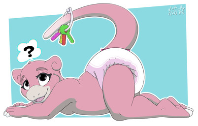 ambiguous_gender anthro ass_up clothed clothing confusion diaper diaper_only key looking_at_viewer lying on_front raised_tail simple_background solo tail tail_holding_object topless wearing_diaper stargal_galexi nintendo pokemon generation_1_pokemon pokemon_(species) slowpoke digital_media_(artwork) hi_res
