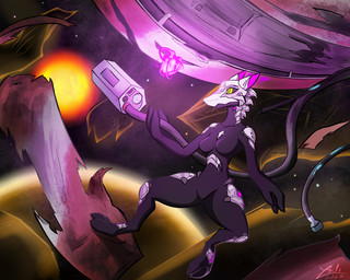anthro armor black_body black_sclera breasts female green_eyes horn landscape machine magic nude planet scenery shipwreck solo space sun tail conditional_dnp lodi_(artist) mythology android dragon mythological_creature mythological_scalie robot scalie solari_(species) 5:4 hi_res