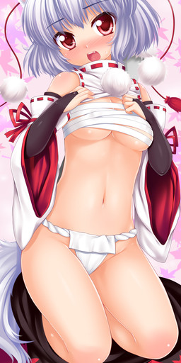 armwear asian_clothing blush bodily_fluids bottomwear bottomwear_down breasts bridal_gauntlets chest_wraps clothed clothing clothing_lift detached_sleeves east_asian_clothing fangs female fundoshi grey_hair hair hat headgear headwear japanese_clothing looking_at_viewer melee_weapon miko_outfit navel open_mouth pom_clothing red_eyes shield shirt shirt_lift short_hair skirt skirt_down solo sweat sword tail teeth tokin_hat topwear underwear weapon white_hair wraps wolflong touhou aya_shameimaru momiji_inubashiri animal_humanoid canid canid_humanoid canine canine_humanoid canis dog_humanoid domestic_dog humanoid mammal mammal_humanoid 2012 absurd_res hi_res