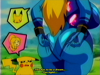 big_breasts big_butt biped black_eyes black_nose blonde_hair blue_sky body_swap breasts butt clothing clothing_pull cloud crt_effect day dialogue disgust duo female feral field fur grass green_grass hair huge_breasts huge_butt lightning_bolt_tail looking_back male open_mouth outside plant ponytail red_cheeks scared semi-anthro sky standing stripes tail tight_clothing tree white_body white_eyes white_skin wide_hips yellow_body yellow_fur zero_suit lueduar metroid nintendo pokemon samus_aran generation_1_pokemon human mammal pikachu pokemon_(species) rodent 2025 4:3 digital_drawing_(artwork) digital_media_(artwork) hi_res