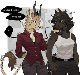5_fingers anthro biped black_hair black_tail blood blush bodily_fluids bottomwear breasts brown_body brown_fur brown_spots brown_tail clothed clothed_anthro clothed_female clothing crossgender dialogue duo eye_contact female fingers front_view fully_clothed fully_clothed_anthro fully_clothed_female fur green_eyes hair horn looking_at_another markings mtf_crossgender pants shirt smile speech_bubble spots spotted_body spotted_fur spotted_markings spotted_tail standing tail tail_markings teeth text topwear raccoattack beastars melon_(beastars) yahya_(beastars) antelope bovid cheetah equid equine felid feline gazelle horse hybrid mammal 2026 digital_drawing_(artwork) digital_media_(artwork) english_text hi_res