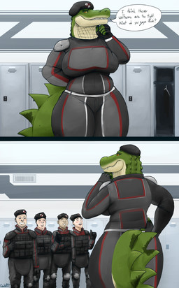 5_fingers anthro beret biped black_eyebrows blush clothed clothing curvy_figure eyebrows eyes_closed female fingerless_gloves fingers fully_clothed gesture gloves green_body green_scales green_tail grin group hand_behind_back hand_gesture handwear hat headgear headwear knee_pads light_body light_skin locker locker_room male open_mouth orange_eyes question_mark scales smile speech_bubble standing tail teeth text thick_thighs thumbs_up tight_clothing uniform voluptuous wide_hips yellow_sclera doctordj killerdragn denali_karysh alligator alligatorid crocodilian human mammal reptile scalie 2019 absurd_res digital_media_(artwork) english_text hi_res signature