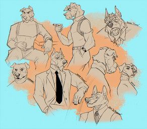 5_fingers anthro belt biped bottomwear cheek_tuft chest_tuft cigar claws clock clothing container cup drunk duo eyebrows facial_tuft fingers floppy_ears front_view hair hand_in_pocket male messy_hair neck_tuft necktie pants pockets shirt side_view sitting smile solo substance_intoxication suit topwear tuft watch ninetht canid canine canis domestic_dog mammal digital_media_(artwork) partially_colored sketch_page