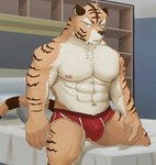 anthro bed bedroom big_muscles blue_eyes bulge clothing felid furniture goofq_sumato gou_sanriku lagoon_lounge looking_at_viewer male mammal muscular on_bed pantherine red_clothing red_underwear sitting sitting_on_bed solo tiger underwear