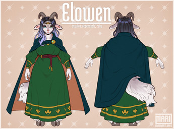 2_horns accessory alternative_fashion anthro belt biped black_hair blue_eyes blue_hair cape clothed clothing cloven_hooves country_lolita curled_horn dress female front_view gradient_hair green_clothing green_dress green_eyes hair headband heterochromia hooves horn j-fashion lolita_(fashion) lolita_dress long_hair multicolored_hair rear_view rope rope_belt smile solo text two_tone_hair mariart elowen_(mariart) bovid caprine goat mammal character_name hi_res model_sheet