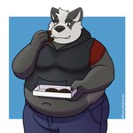 anthro belly black_body black_nose bottomwear clothing dessert doughnut eating food hoodie humanoid_hands male navel obese obese_male overweight overweight_male pants pastry simple_background solo topwear white_body harushipanda smasher_and_the_will_o'_the_thiccs badger mammal mustelid musteline 1:1 2021 absurd_res hi_res