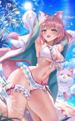 :d accessory ahoge ambiguous_gender beach big_breasts bikini blue_eyes blue_sky blush blush_lines braided_hair breasts cleavage clothed clothing day duo fangs female female_focus feral frilly frilly_bikini frilly_clothing frilly_swimwear hair hair_accessory hairclip humanoid_focus inner_ear_fluff jacket kneeling light light_beam light_body light_skin long_sleeves looking_at_viewer navel navel_line open_clothing open_jacket open_mouth open_smile open_topwear outside palm_tree pink_hair plant raised_arms sea short_hair sky smile smiling_at_viewer sun sunbeam sunlight swimwear tail teeth thigh_strap topwear tree tuft two-piece_swimsuit water water_drop wet wet_body white_bikini white_clothing white_jacket white_swimwear white_topwear starlip hololive vtuber koyori_hakui ambient_bird ambient_sealife ambient_starfish animal_humanoid canid canid_humanoid canine canine_humanoid canis coyote coyote_humanoid humanoid mammal mammal_humanoid tailed_humanoid absurd_res digital_drawing_(artwork) digital_media_(artwork) hi_res