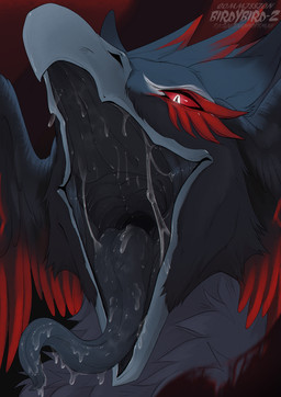 ambiguous_gender beak black_body black_tongue bodily_fluids feral glistening glistening_eyes gradient_tongue grey_beak grey_body grey_tongue mouth_shot open_mouth red_sclera saliva saliva_on_tongue saliva_string simple_background solo tongue white_eyes santanahoffman avian hi_res
