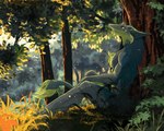anthro autumn cozy fangs forest fur green_body green_fur grey_body grey_fur male plant relaxed_expression relaxing solo tail tail_tuft teeth tree tuft yellow_body yellow_fur graylynx brom_(sahurus) sergal 5:4 animated