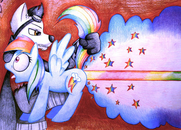 4_fingers anthro anthro_on_feral bestiality blue_body blue_hair brown_eyes clothing cutie_mark duo eyewear eyewear_on_head fangs fart fart_cloud fart_laser female female_feral feral fingers gloves goggles goggles_on_head green_hair hair handwear hooves male male_anthro mane multicolored_hair multicolored_tail open_mouth orange_hair purple_eyes rainbow rainbow_hair rainbow_tail red_hair star_symbol tail teeth tongue topwear white_body wings ovorange friendship_is_magic hasbro my_little_pony mythology rainbow_dash_(mlp) canid canine canis equid equine mammal mythological_creature mythological_equine pegasus wolf 2011 colored_pencil_(artwork) traditional_media_(artwork)