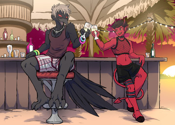 anthro bar beach beach_bar bottomwear cheers clothing collar duo femboy fishnet_crop_top glowstick_bracelet male male/male shirt shorts spiked_collar spikes sunset tank_top topwear zimakum avian bird corvid corvus_(genus) crow demon humanoid imp oscine owl passerine colored_sketch hi_res sketch
